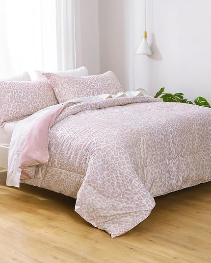 Printed Queen Bedding Sets with Comforter and Sheets, 7 Piece Bed in A Bag Comforter Set with Fluffy Microfiber, Stylish Pink Leopard Pattern - LeafyLoom