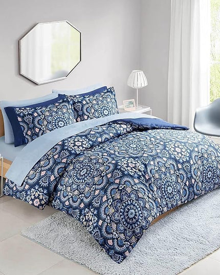 Comfort Spaces Girls Bed in A Bag Floral Comforter Set College Dorm Room Essentials, Complete Dormitory Bedroom Pack And Sheet with 2 Side Pocket Includes Extra Pillowcase Sets, Twin, Medallion Blue - LeafyLoom