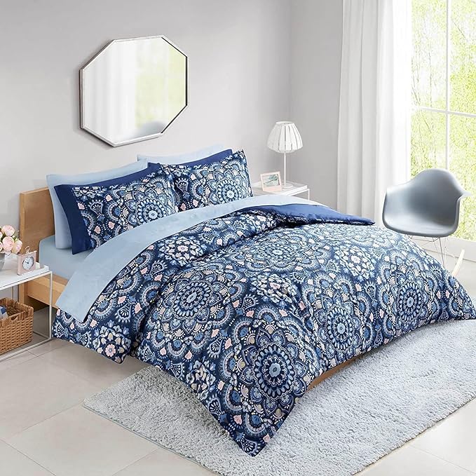 Comfort Spaces Girls Bed in A Bag Floral Comforter Set College Dorm Room Essentials, Complete Dormitory Bedroom Pack And Sheet with 2 Side Pocket Includes Extra Pillowcase Sets, Queen, Medallion Blue - LeafyLoom