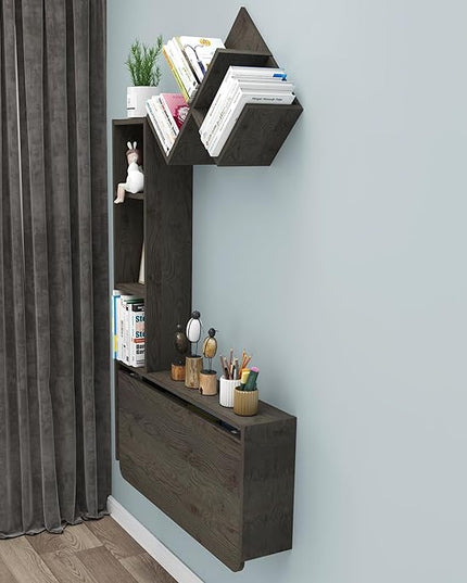Folding Wall Mounted Drop Leaf Table, Foldable Desk with Moveable Cabinets, Floating Laptop with Convertible Storage Shelves, Multifunctional Computer Workstation in Home (Dark Grey) - LeafyLoom