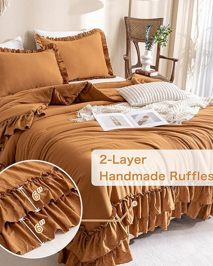 Pumpkin Color Ruffle Comforter Queen Size,Farmhouse Shabby Boho Chic Queen Bedding Comforter Set,3pcs Ultra Soft Fluffy Brown Orange Comforter Sets for Queen Bed with 2 Ruffled Pillowcases - LeafyLoom