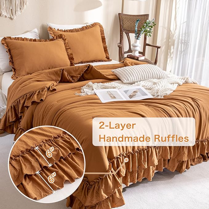 Pumpkin Color Ruffle Comforter Queen Size,Farmhouse Shabby Boho Chic Queen Bedding Comforter Set,3pcs Ultra Soft Fluffy Brown Orange Comforter Sets for Queen Bed with 2 Ruffled Pillowcases - LeafyLoom