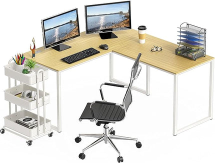 SHW Home Office 55-Inch Large L Shaped Corner Desk, 24" Deep, Oak - LeafyLoom