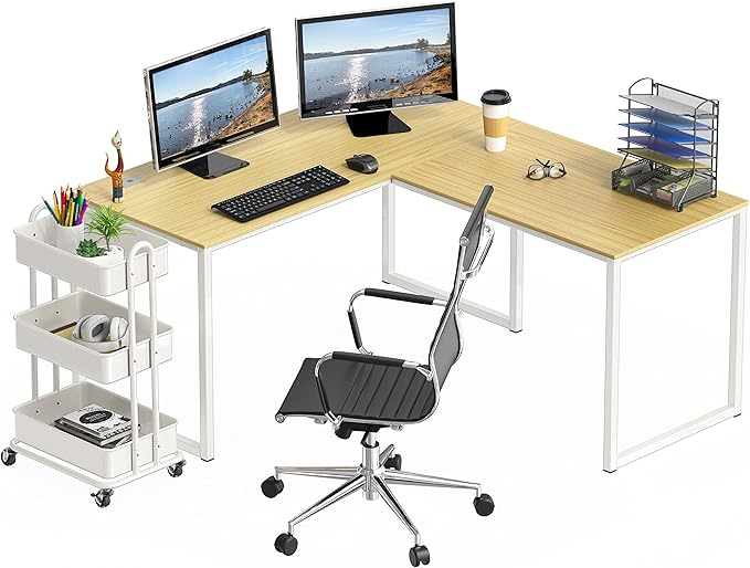 SHW Home Office 55-Inch Large L Shaped Corner Desk, 24" Deep, Oak - LeafyLoom