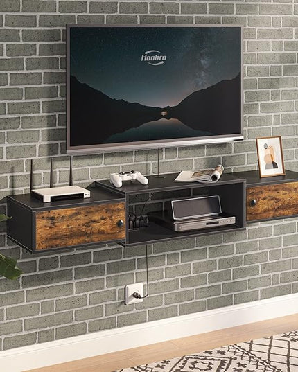 HOOBRO Floating TV Stand with Power Outlet 55", Modern Wall Mounted Media Console Shelf Cabinet for Under TV Storage, Entertainment Center, Living Room, Bedroom, Rustic Brown and Black BF11DS01 - LeafyLoom