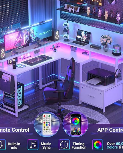 Unikito L Shaped Desk with File Drawer, Reversible L Shaped Computer Desk with Power Outlet & LED Lights, Home Office Desk Corner Desk with Monitor Shelf and Printer Cabinet, Gaming Desk, White - LeafyLoom