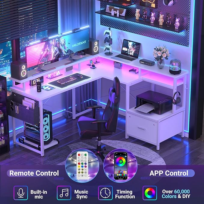 Unikito L Shaped Desk with File Drawer, Reversible L Shaped Computer Desk with Power Outlet & LED Lights, Home Office Desk Corner Desk with Monitor Shelf and Printer Cabinet, Gaming Desk, White - LeafyLoom