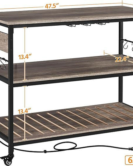 Yaheetech Kitchen Cart with Power Outlet, Rolling Kitchen Island on Wheels with Glass Holder & Hooks, Utility Trolley Cart Coffee Bar Microwave Stand Cart with Lockable Casters, Taupe Wood - LeafyLoom