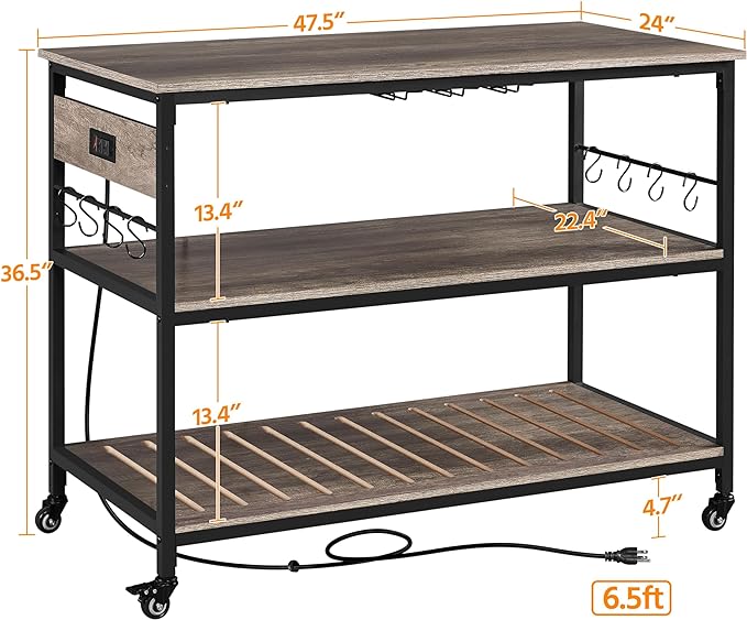 Yaheetech Kitchen Cart with Power Outlet, Rolling Kitchen Island on Wheels with Glass Holder & Hooks, Utility Trolley Cart Coffee Bar Microwave Stand Cart with Lockable Casters, Taupe Wood - LeafyLoom