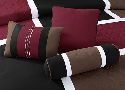 Chezmoi Collection Upland 7-Piece Quilted Patchwork Comforter Set, Burgundy/Black/Brown, King - LeafyLoom
