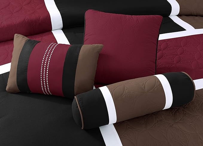 Chezmoi Collection Upland 7-Piece Quilted Patchwork Comforter Set, Burgundy/Black/Brown, Queen - LeafyLoom