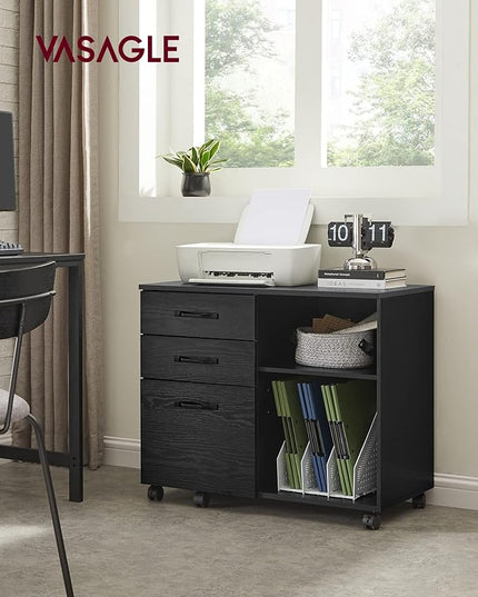 VASAGLE Lateral File Cabinet, Home Office Printer Stand, with 3 Drawers and Open Storage Shelves, for A4, Letter-Size Documents, Black with Wood Grain - LeafyLoom