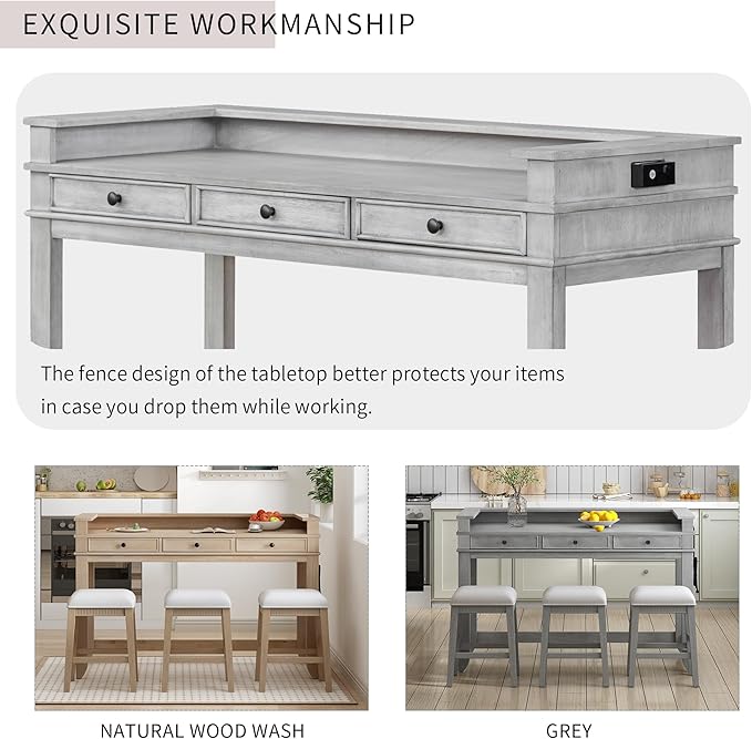Retro Upholstered Stools, Multifunctional 3 Drawers, Easy Assembly and Clean, Room, Kitchen, Bar, Gray, 4 Piece Dining Table Set - LeafyLoom