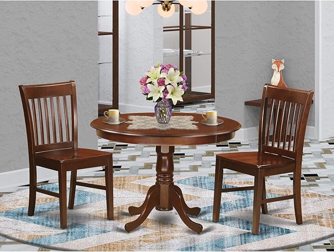 East West Furniture HLNO3-MAH-W 3 Piece Dining Table Set for Small Spaces Contains a Round Dining Room Table with Pedestal and 2 Wooden Seat Chairs, 42x42 Inch, Mahogany - LeafyLoom