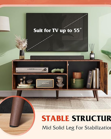 WLIVE Mid-Century Modern TV Stand for 55" TV, Entertainment Center with Storage, Open Shelves TV Console for Living Room and Bedroom, Retro Brown - LeafyLoom