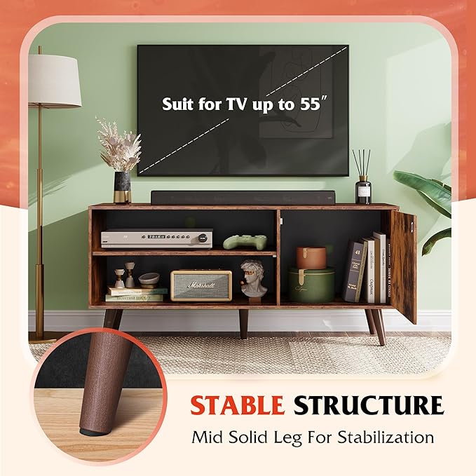 WLIVE Mid-Century Modern TV Stand for 55" TV, Entertainment Center with Storage, Open Shelves TV Console for Living Room and Bedroom, Retro Brown - LeafyLoom