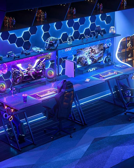 Gaming Computer Desk with Hutch and LED Lights, 55'' Black Gaming Desk with Storage Shelves, Reversible PC Gaming Desk with Pegboard, Ergonomic Desk for Bedroom, Carbon Fiber Surface - LeafyLoom
