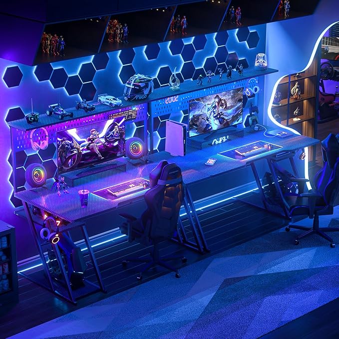 Gaming Computer Desk with Hutch and LED Lights, 55'' Black Gaming Desk with Storage Shelves, Reversible PC Gaming Desk with Pegboard, Ergonomic Desk for Bedroom, Carbon Fiber Surface - LeafyLoom