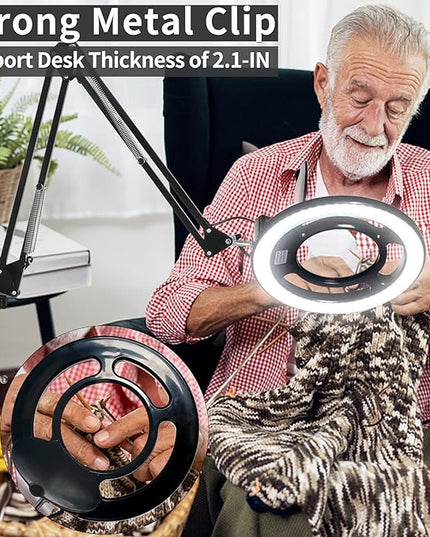 10X Magnifying Glass with Light, KIRKAS 2,200 Lumens LED Magnifying Lamp with Clamp, Stepless Dimmable Real Glass Lens Magnifier, Adjustable Arm Workbench Light for Close Work Hobby Repair - Black - LeafyLoom