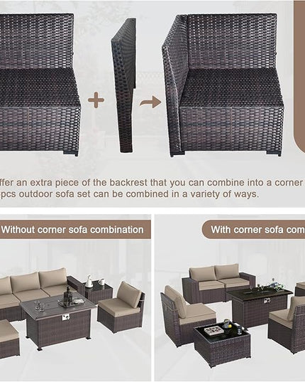 Patio Furniture Sectional Sofa Set 7-Pieces PE Rattan Patio Conversation Set w/43in Gas Fire Pit Table, Outdoor Furniture with 55000 BTU Propane Fire Pit, Sand - LeafyLoom