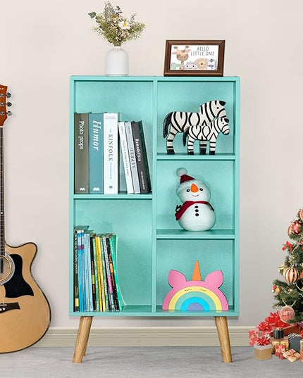 LEYAOYAO 5 Cube Bookshelf 3-Tier Bookcase with Legs,Mint Green Kids Book Shelf Cute Storage Organizer,Free Standing Open Toy Shelves Wood Bookshelves,Display Bookcases for Bedroom,Living Room,Nursery - LeafyLoom