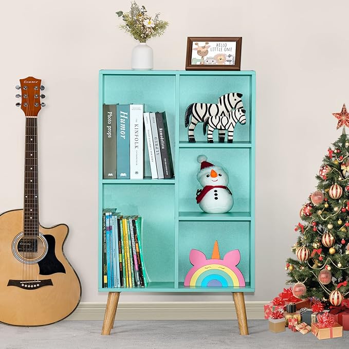 LEYAOYAO 5 Cube Bookshelf 3-Tier Bookcase with Legs,Mint Green Kids Book Shelf Cute Storage Organizer,Free Standing Open Toy Shelves Wood Bookshelves,Display Bookcases for Bedroom,Living Room,Nursery - LeafyLoom