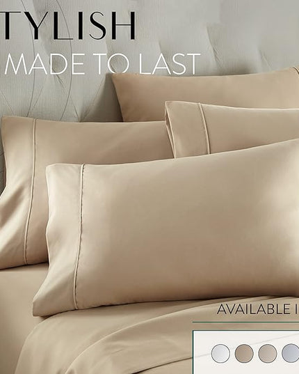 Danjor Linens Full Size Sheets Set - 6 Piece Set Including 4 Pillowcases- Deep Pockets - Breathable, Soft Bed Sheets - Wrinkle Free - Machine Washable - Taupe Bed Sheets - 6 pc - LeafyLoom