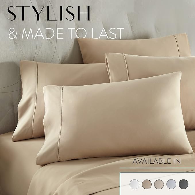 Danjor Linens Full Size Sheets Set - 6 Piece Set Including 4 Pillowcases- Deep Pockets - Breathable, Soft Bed Sheets - Wrinkle Free - Machine Washable - Taupe Bed Sheets - 6 pc - LeafyLoom