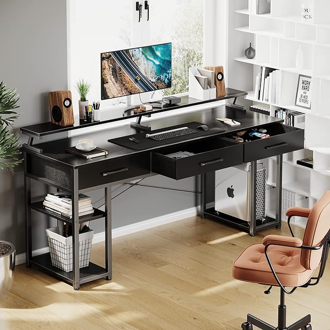 ODK Computer Desk with Drawers and Storage Shelves, 63 inch Home Office desk with Monitor Stand, Modern Work Study writing table Desk for Small Spaces, Black - LeafyLoom
