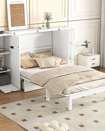 Queen Size Murphy Bed Foldable into Cabinet, Wooden Platform Bedframe with Shelves, Drawers and USB Ports, for Bedroom/Living Room, White - LeafyLoom