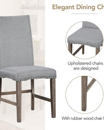 60 Inch Dining Table Set for 6, Mid-Century Solid Wood Extendable Dining Table with Upholstered Chairs and 12" Leaf, Kitchen Table Set for Living Room, Golden Brown+Grey - LeafyLoom