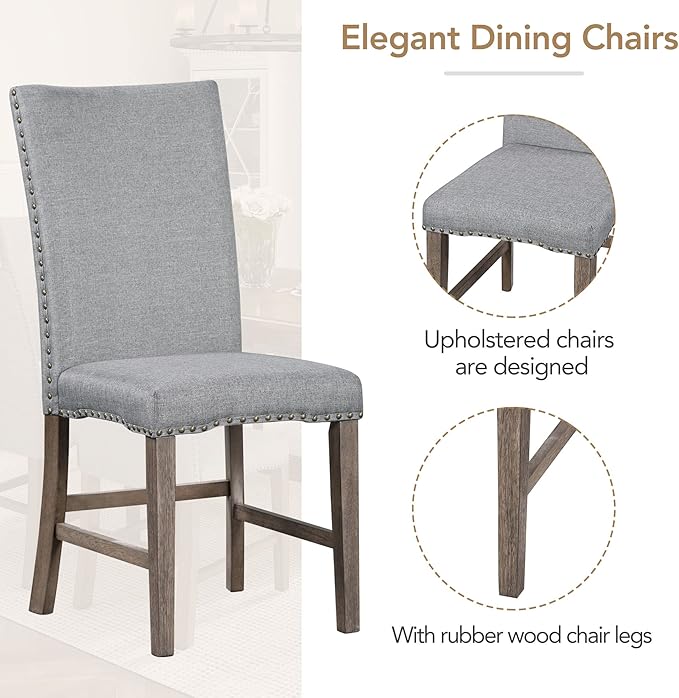 60 Inch Dining Table Set for 6, Mid-Century Solid Wood Extendable Dining Table with Upholstered Chairs and 12" Leaf, Kitchen Table Set for Living Room, Golden Brown+Grey - LeafyLoom