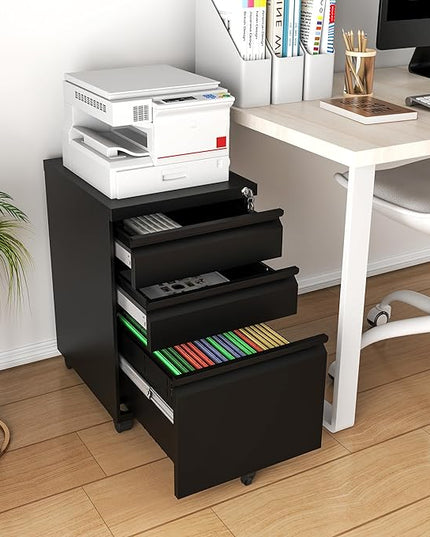 3 Drawer Mobile File Cabinet with Lock, Under Desk Metal Filing Cabinet, Fully Assembled Rolling File Cabinet with Wheels for Home Office Letters/Legal/A4 (Black) - LeafyLoom
