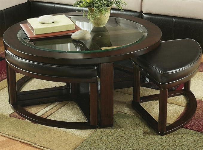 Roundhill Furniture Cylina Solid Wood Glass Top Round Coffee Table with 4 Stools, Espresso - LeafyLoom