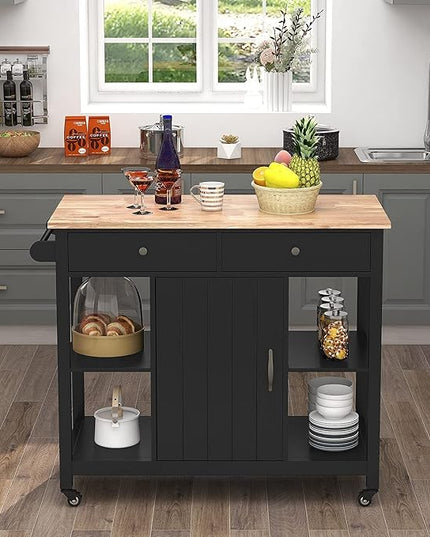ChooChoo Kitchen Islands on Wheels with Wood Top, Utility Wood Movable Kitchen Cart with Storage and Drawers, Black - LeafyLoom