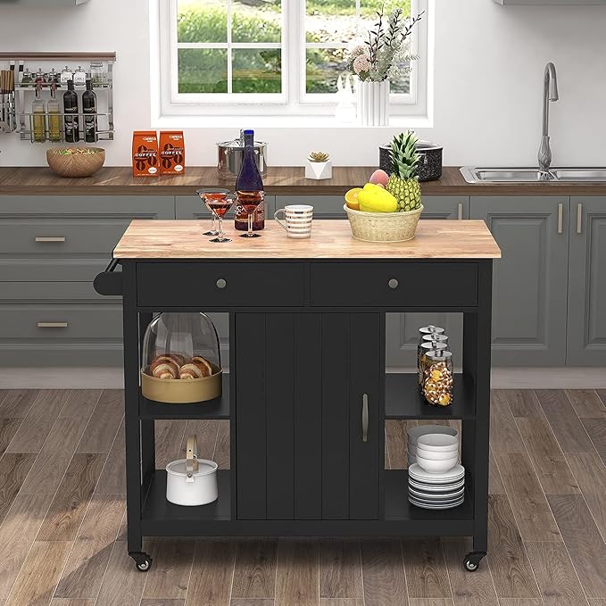 ChooChoo Kitchen Islands on Wheels with Wood Top, Utility Wood Movable Kitchen Cart with Storage and Drawers, Black - LeafyLoom