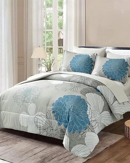 Yiran 7 Pieces Bed in a Bag King Comforter Set Blue Floral Comforter Sets Soft Microfiber Flowers Bedding Set (1 Comforter 1 Flat Sheet 1 Fitted Sheet 2 Pillowshams 2 Pillowcases) - LeafyLoom