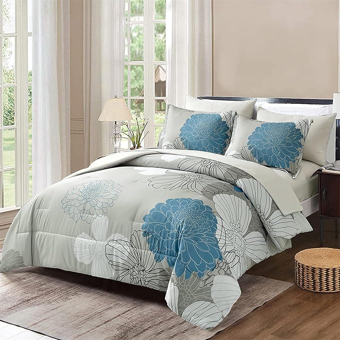 Yiran 7 Pieces Bed in a Bag King Comforter Set Blue Floral Comforter Sets Soft Microfiber Flowers Bedding Set (1 Comforter 1 Flat Sheet 1 Fitted Sheet 2 Pillowshams 2 Pillowcases) - LeafyLoom