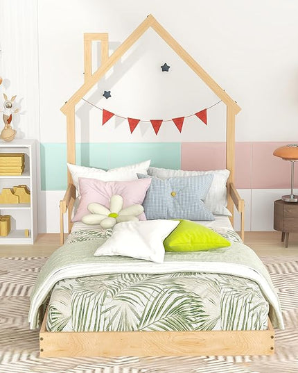 Bellemave Twin Size House-Shaped Headboard Floor Bed for Kids,Montessori Floor Bed with Handrails and Slats,Wood House Bed Twin for Girls,Boys(Twin,Natural) - LeafyLoom
