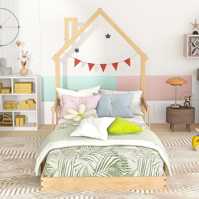 Bellemave Twin Size House-Shaped Headboard Floor Bed for Kids,Montessori Floor Bed with Handrails and Slats,Wood House Bed Twin for Girls,Boys(Twin,Natural) - LeafyLoom