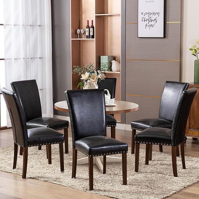 COLAMY Upholstered Parsons Dining Chairs Set of 4, PU Leather Dining Room Kitchen Side Chair with Nailhead Trim and Wood Legs - Black - LeafyLoom