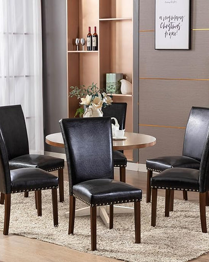 COLAMY Upholstered Parsons Dining Chairs Set of 6, PU Leather Dining Room Kitchen Side Chair with Nailhead Trim and Wood Legs - Black - LeafyLoom