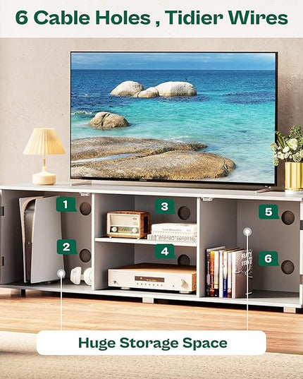 TV Stand for 55 Inch TV, Entertainment Center with Storage, 2 Cabinets, TV Console Media Cabinet with 6 Cable Holes, White TV Stand for Living Room, Bedroom - LeafyLoom