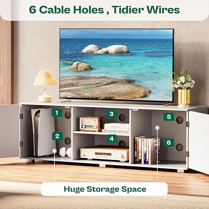 TV Stand for 55 Inch TV, Entertainment Center with Storage, 2 Cabinets, TV Console Media Cabinet with 6 Cable Holes, White TV Stand for Living Room, Bedroom - LeafyLoom