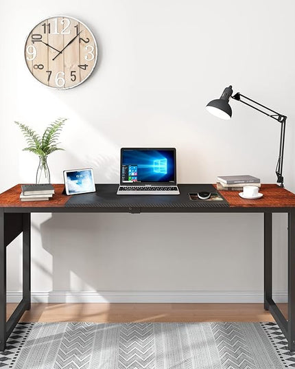 63 Inch Home Office Computer Two-Color Panel Desk with Storage Bag and Hook, Black, Sandalwood Color, Industrial Modern Laptop Desk - LeafyLoom