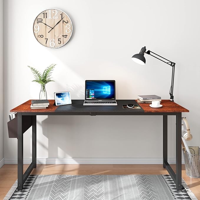 63 Inch Home Office Computer Two-Color Panel Desk with Storage Bag and Hook, Black, Sandalwood Color, Industrial Modern Laptop Desk - LeafyLoom