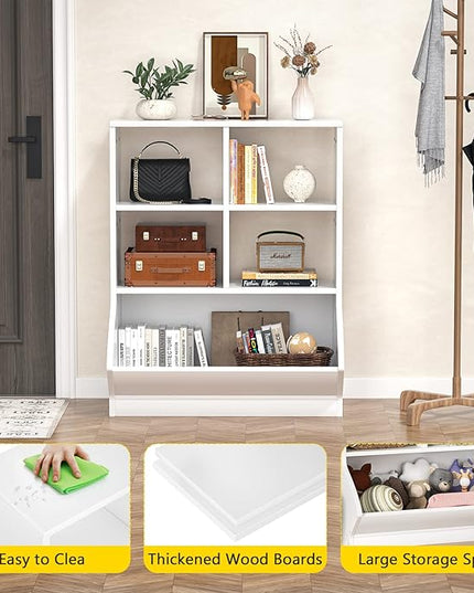 Aheaplus Toy Storage Organizer with Bookcase, 5 Cubby Bookshelf Toy Storage Cabinet, Open Multi-Bins Toys&Books Storage Display Organizer for Playroom, Bedroom, Nursery, School, White - LeafyLoom