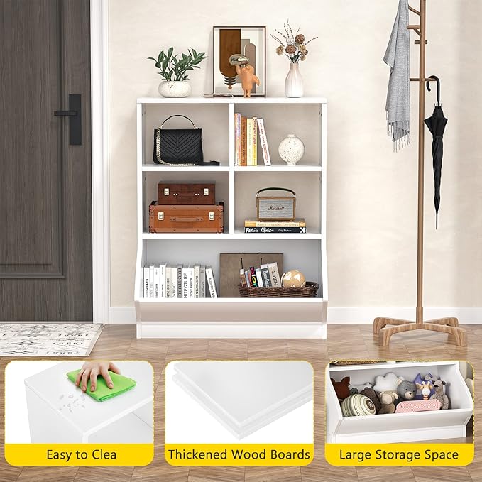 Aheaplus Toy Storage Organizer with Bookcase, 5 Cubby Bookshelf Toy Storage Cabinet, Open Multi-Bins Toys&Books Storage Display Organizer for Playroom, Bedroom, Nursery, School, White - LeafyLoom