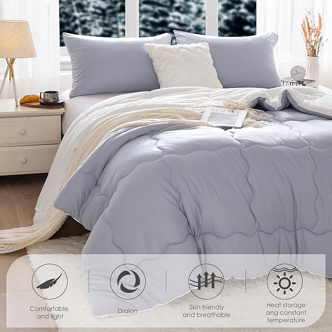 COTTEBED Ultra-Soft Reversible Warm Comforter Set Twin Sized, Winter Milk Cup Grey White Breathable Bedding Down Alternative Comforter for Boy Kids Girl School College Dorm Christmas, Twin/TwinXL - LeafyLoom
