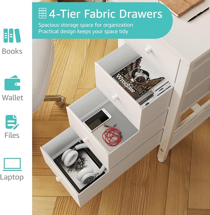 Lufeiya Small White Desk with Drawers - 40 Inch Kids Girls Teen Cute Study Desk for Bedroom Work, Computer Writing Table Desks with Fabric Drawer for Small Spaces Home Office - LeafyLoom